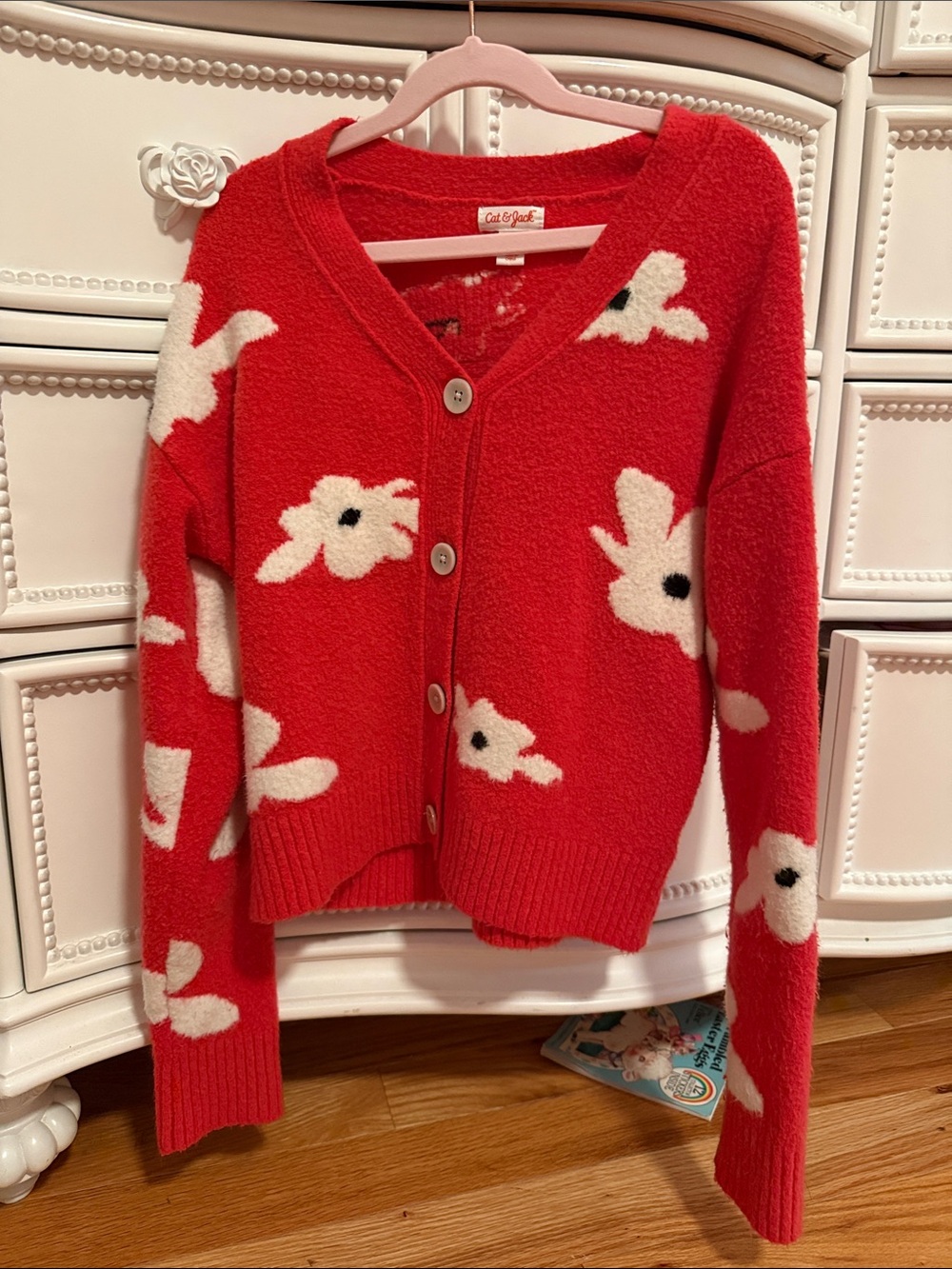 Cat & Jack Red Cardigan with White Flower Motif